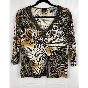 Y2K‎ Dolcetti Abstract Animal Print Silk Blend 3/4 Sleeve Blouse Top Size XL EUC